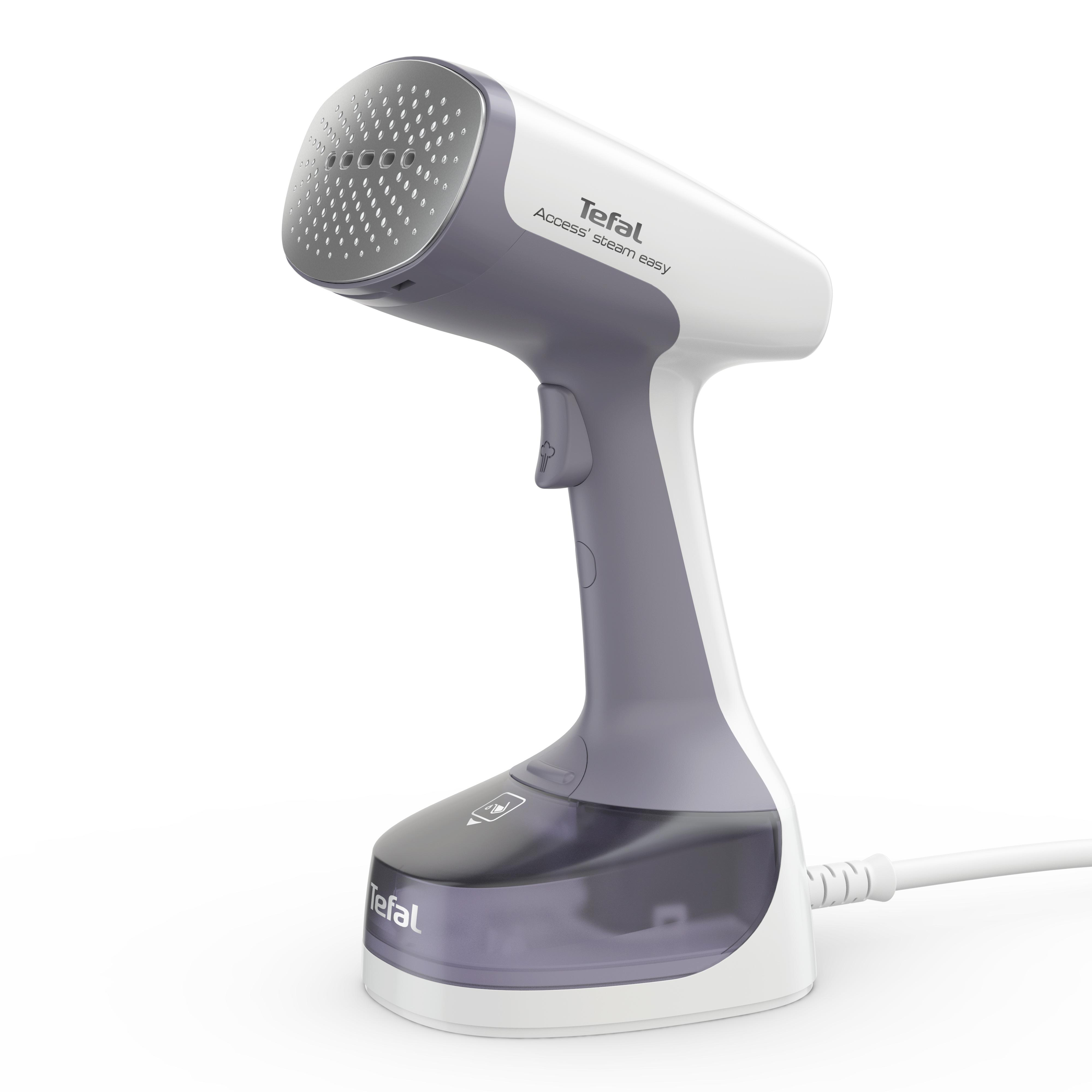 Ein grau-weißer Tefal Access' Steam Easy Dampfgarer, angewinkelt. Basis und Griff sind sichtbar.