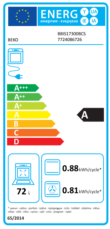Beko sütő energia címkéje, amely az A energia besorolást és egyéb részleteket mutat.
