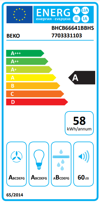 Energia címke egy Beko készülékhez. Megmutatja az A energiahatékonysági osztályt és különböző ikonokat.