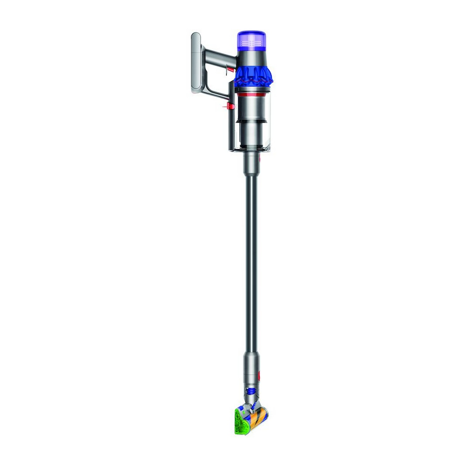 Aspirateur sans fil, vertical, avec une longue baguette et plusieurs accessoires.