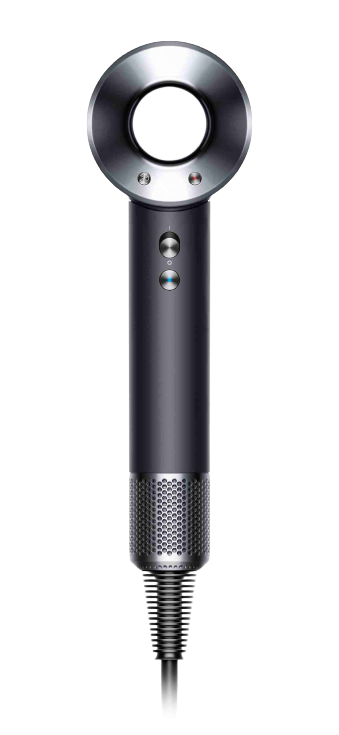 Un secador de pelo Dyson negro y plateado con cabezal en forma de anillo. Tiene dos botones y un filtro de malla.