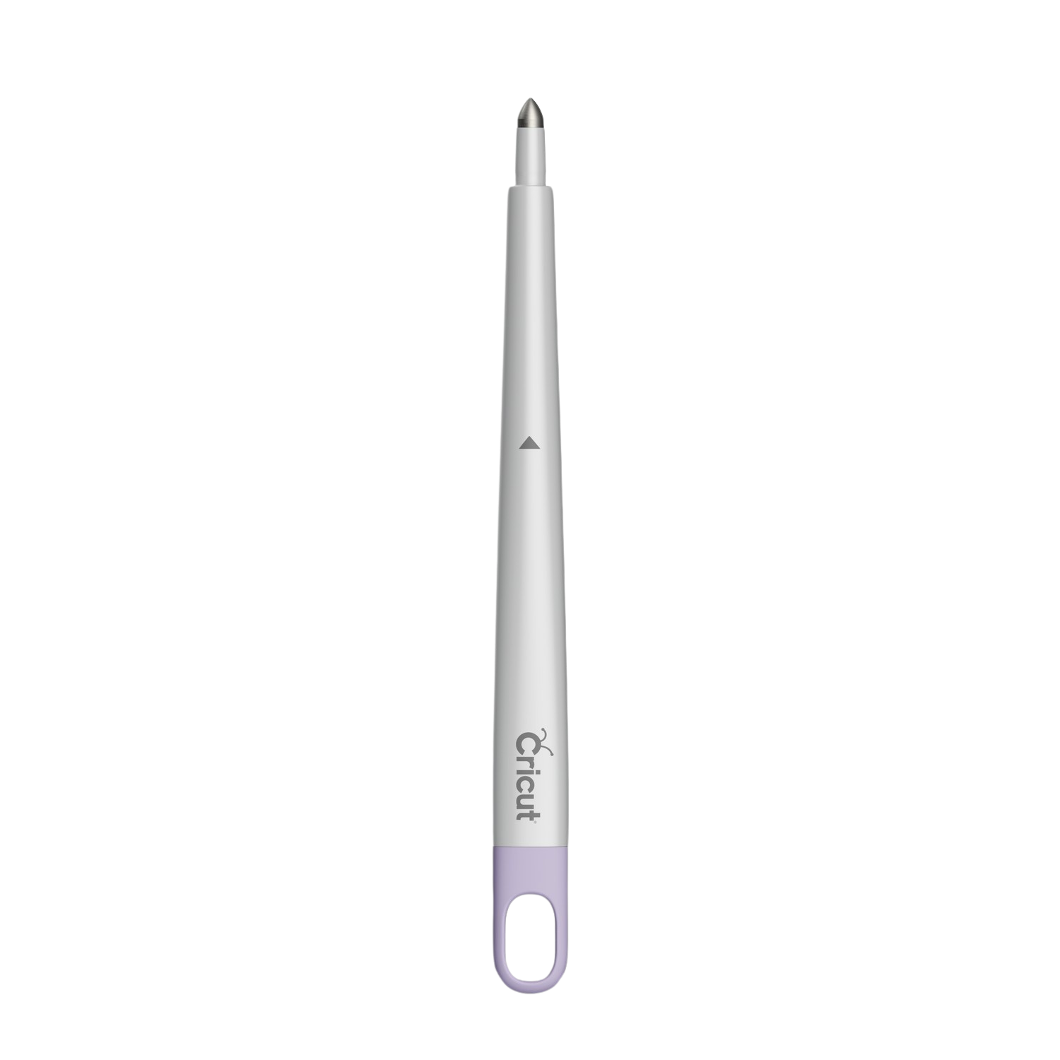 Een witte Cricut pen tool met een paarse handgreep, tegen een zwarte achtergrond.