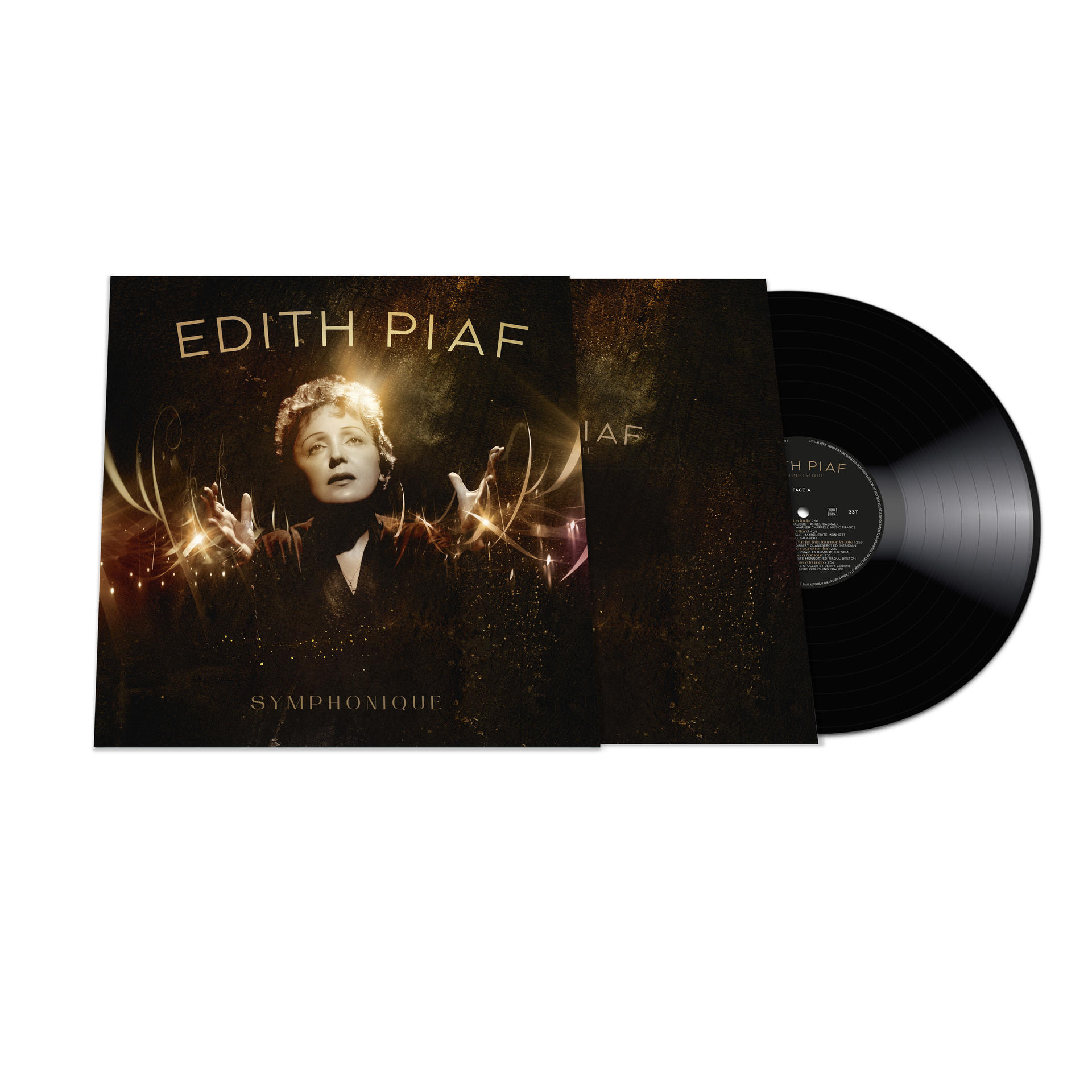 Egy Edith Piaf album. A borító a zenész portréját ábrázolja. Egy fekete bakelit lemez mellette.