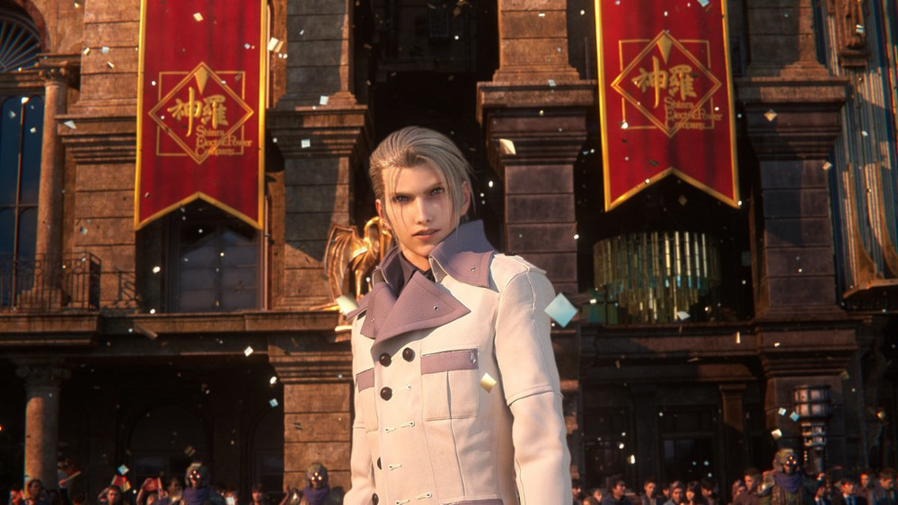 Een man in een witte jas staat voor een gebouw met spandoeken in een videogame scène.