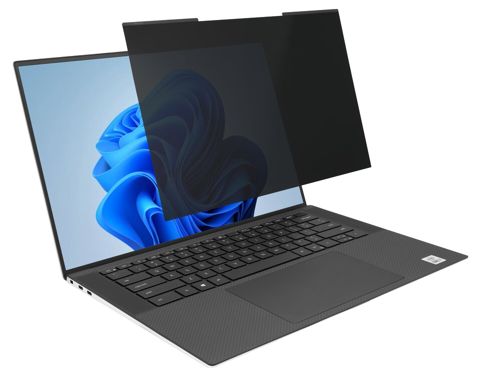 Laptop adatvédelmi szűrővel, Windows felületet mutatva.