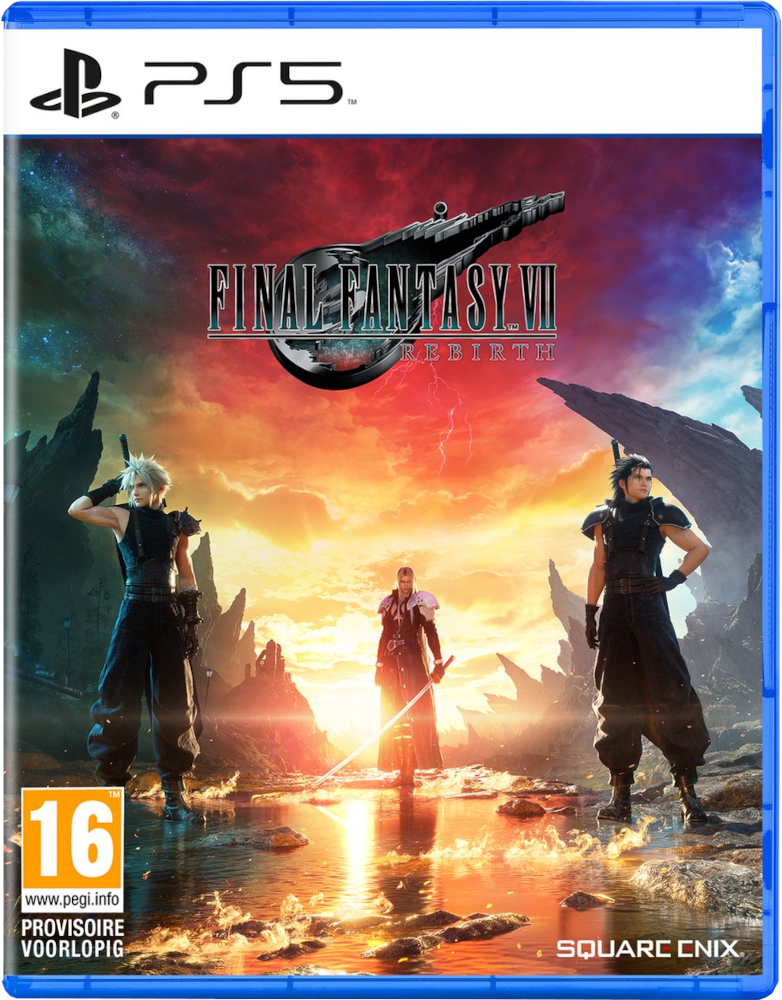 Final Fantasy VII Rebirth gamebox. Personages op de cover. PS5 logo bovenaan. Blauwe achtergrond.