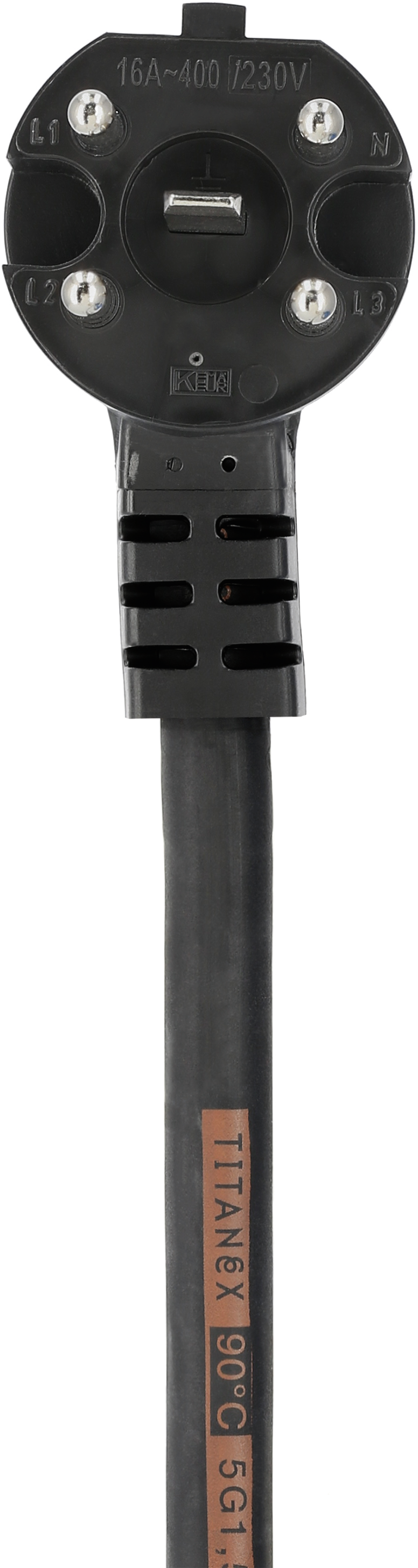 Zwarte elektrische stekker met kabel, met markeringen: 16A-400V/230V, TITANEX 90°C 5G1.5.
