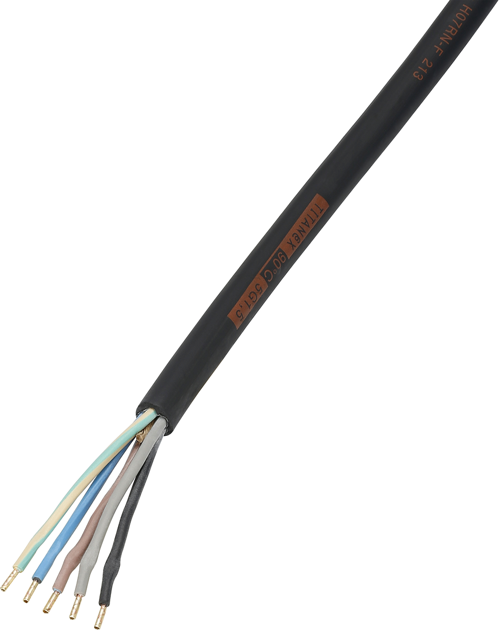 Zwarte kabel met meerdere gekleurde draden aan het einde, met productinfo gedrukt.