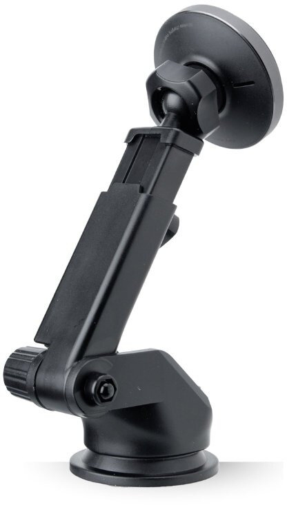 Czarny uchwyt do telefonu samochodowego z przyssawką, regulowanym ramieniem i magnetycznym uchwytem.