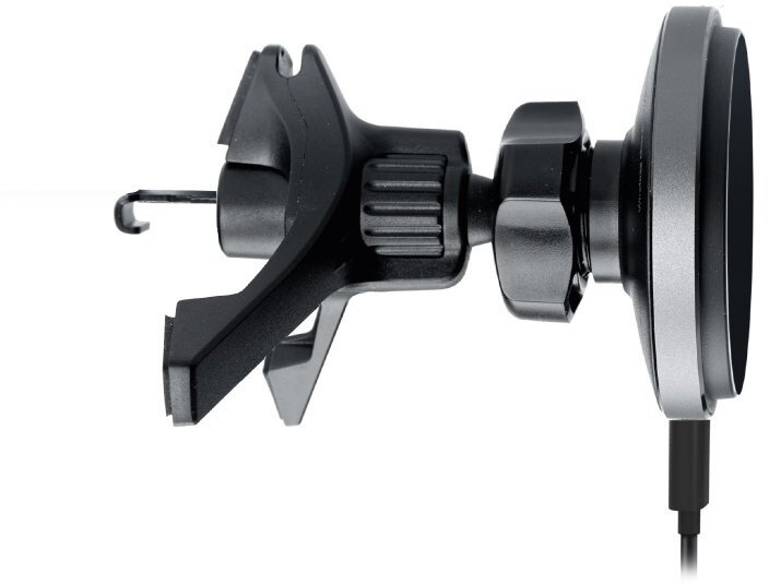 Czarny uchwyt samochodowy na telefon z dołączonym kablem ładującym.