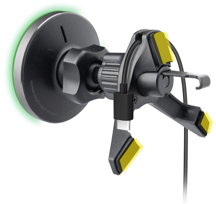 Uchwyt samochodowy na telefon z zielonym światłem ładowania i kablem USB-C.