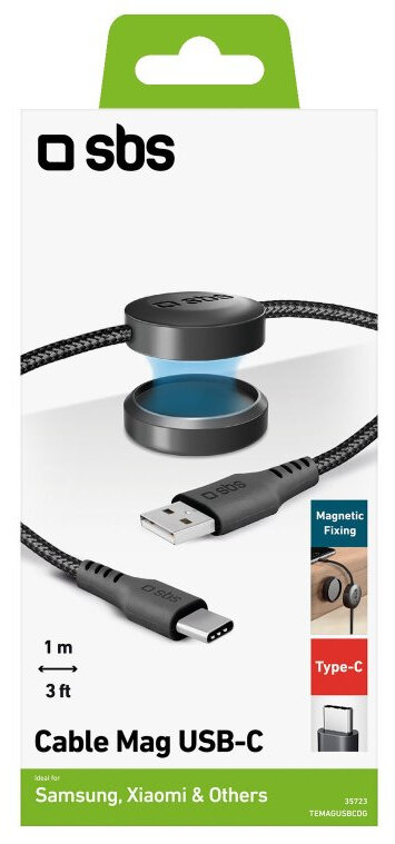 Kabel USB-C z mocowaniem magnetycznym, końcówką USB-A i końcówką USB-C, w opakowaniu.