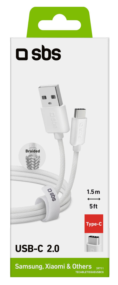 Biały kabel USB-C 2.0 z białym pudełkiem, etykietą Type-C i plecionym detalem.