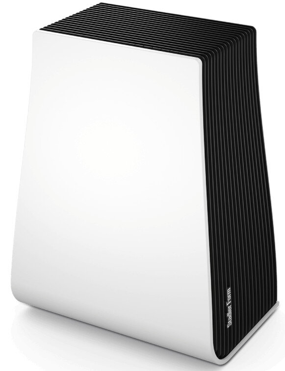 Biały i czarny oczyszczacz powietrza o nowoczesnym designie.