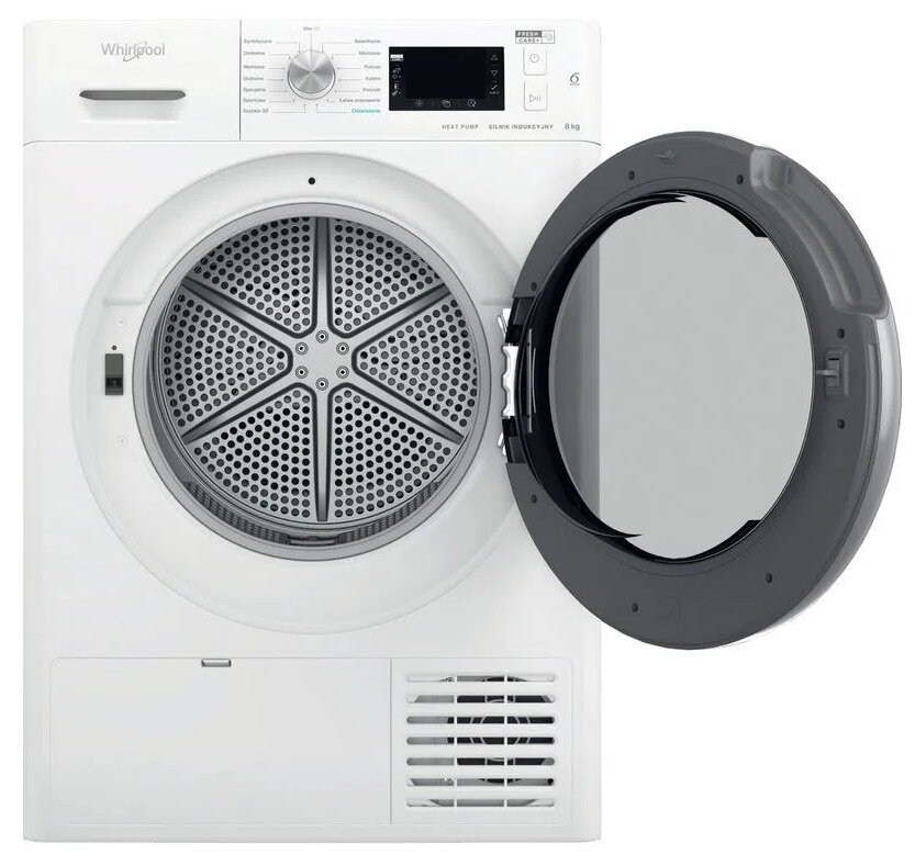 Biała suszarka Whirlpool z otwartymi drzwiami, ukazująca bęben.