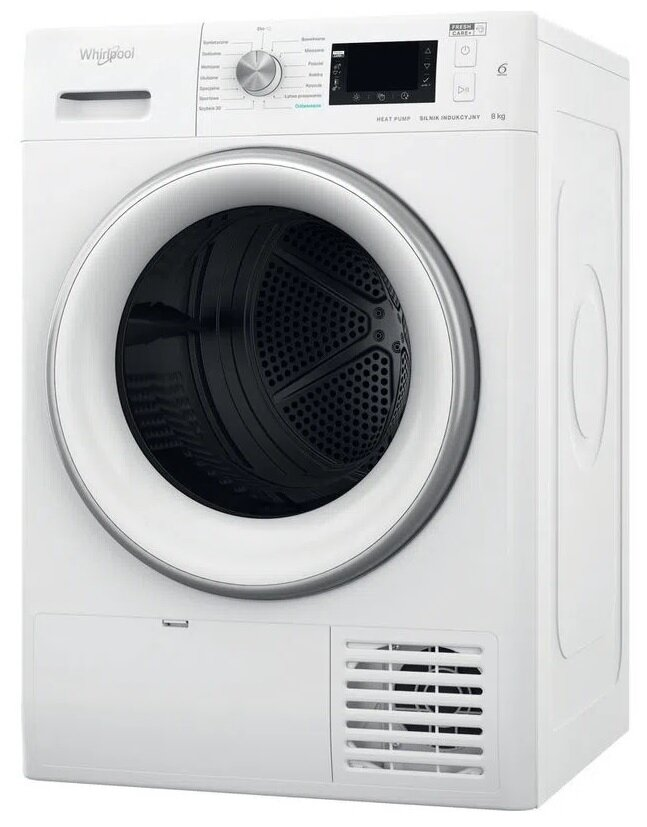 Biała suszarka Whirlpool. Drzwi są zamknięte, widoczne są elementy sterujące.
