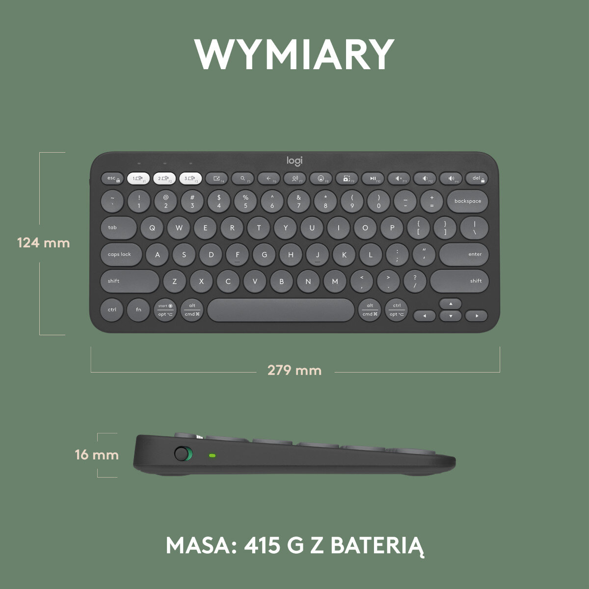 Ciemnoszara klawiatura Logitech, wymiary pokazane z boku.