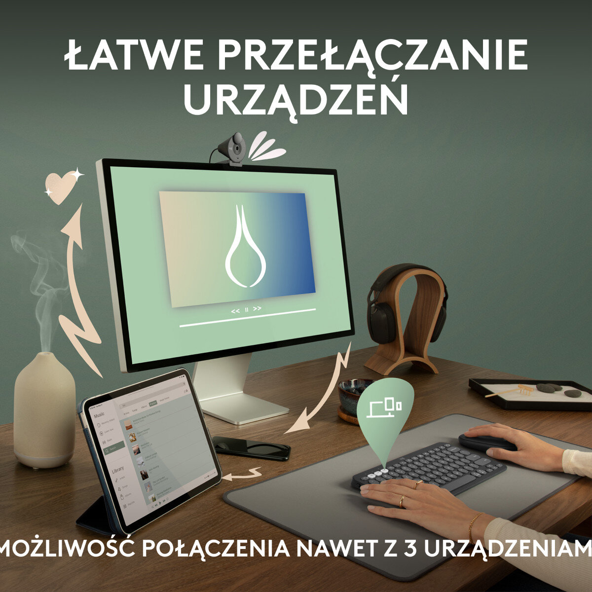 Miejsce pracy z tabletem, klawiaturą, myszą i monitorem, pokazujące interfejs graficzny.