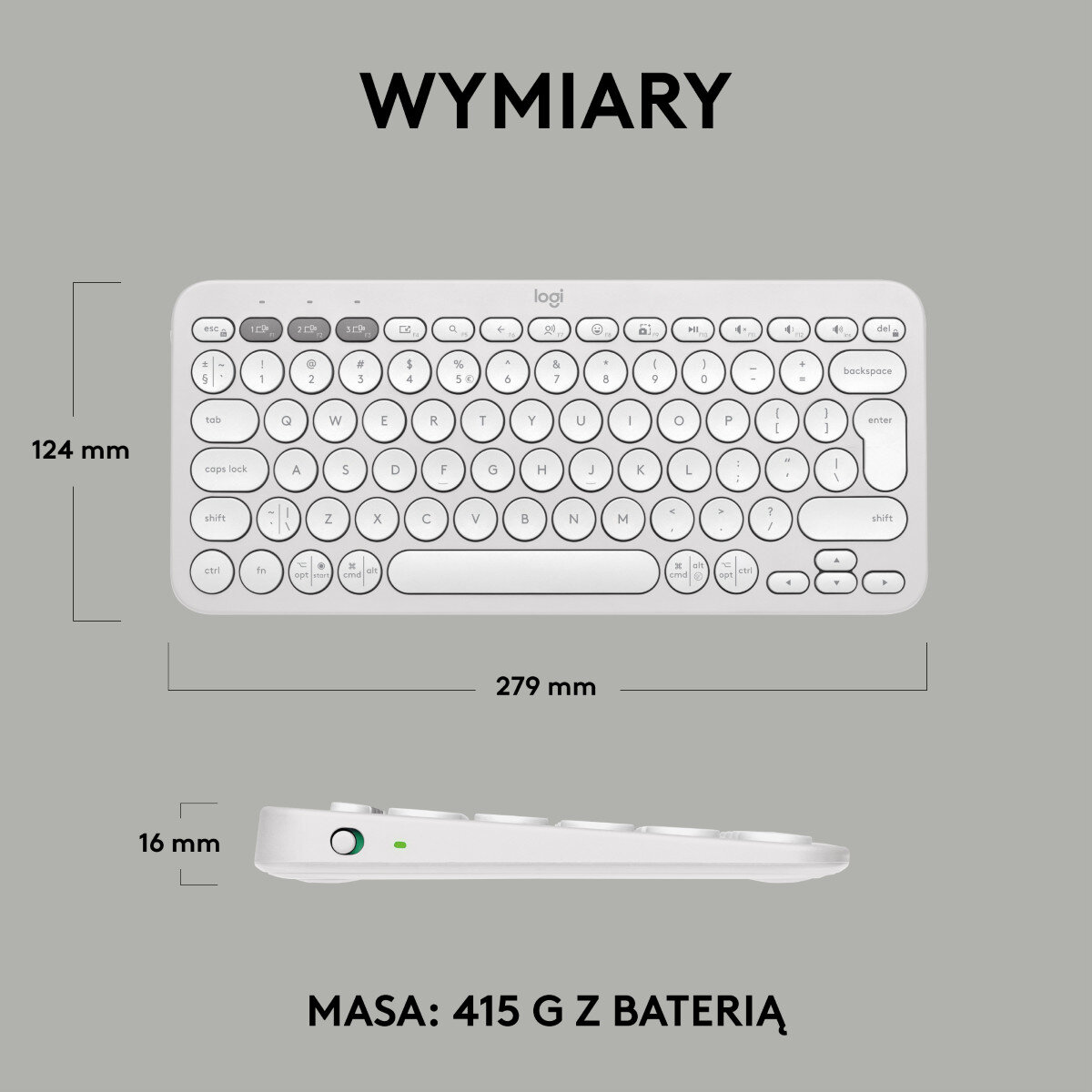 Biała klawiatura z okrągłymi klawiszami, z informacjami o wymiarach i wadze.