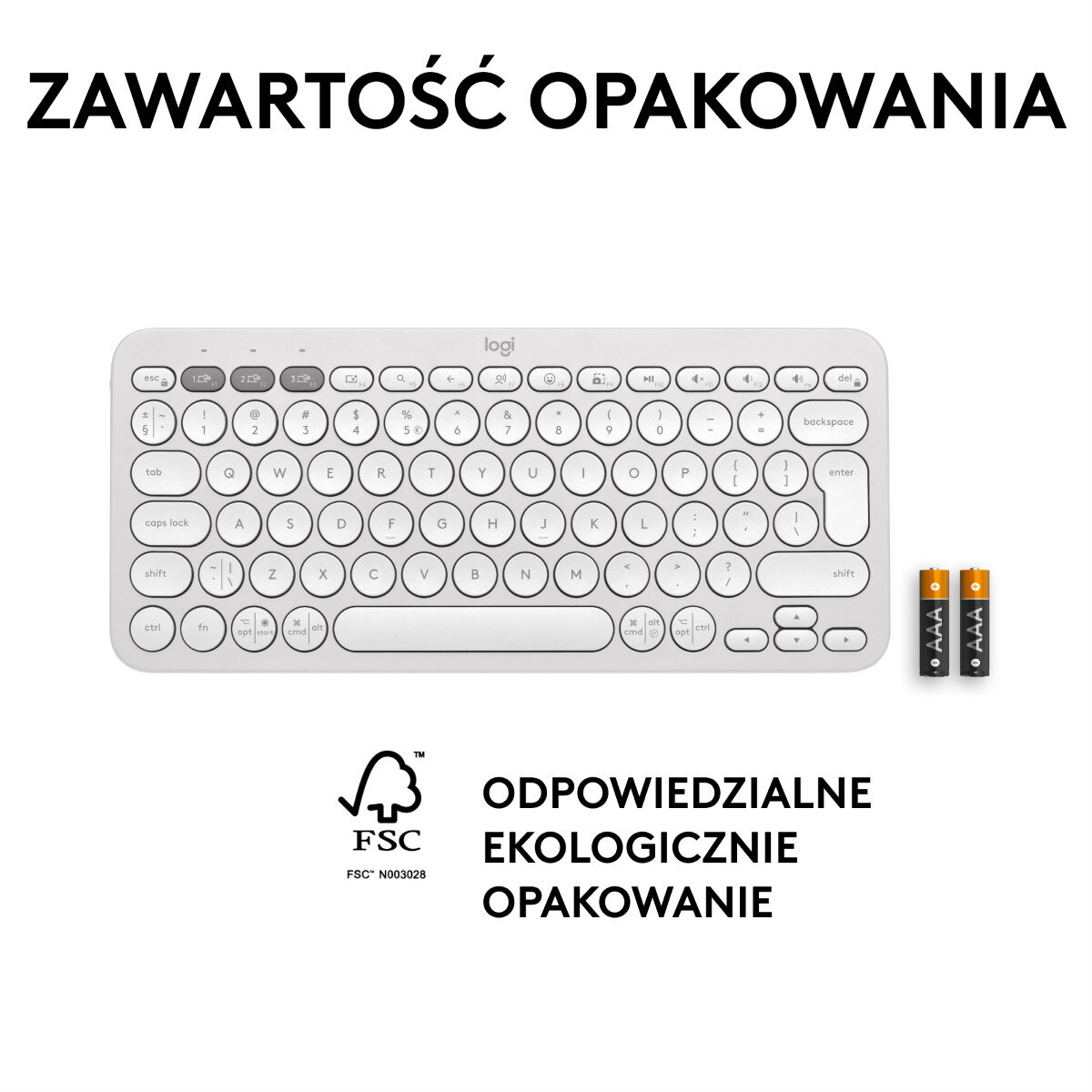 Biała klawiatura z okrągłymi klawiszami, dwie baterie AAA i tekst: 'Zawartość opakowania' oraz 'Ekologiczne opakowanie'.