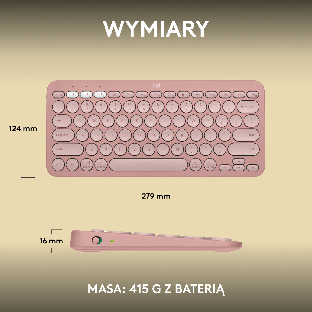 Różowa klawiatura Logitech z wymiarami i szczegółami wagi pokazanymi na obrazku.