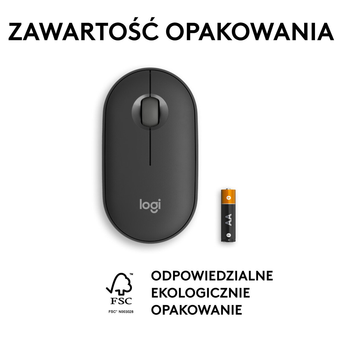 Czarna mysz Logitech i bateria na białej powierzchni, z tekstem powyżej i poniżej.