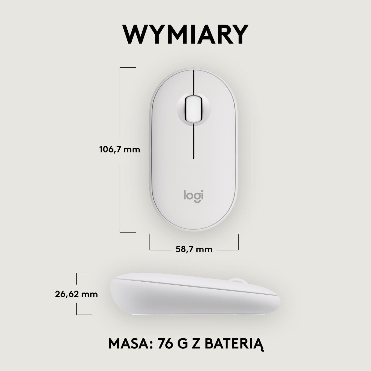 Biała mysz Logitech o wymiarach: 106,7 mm dł., 58,7 mm szer., 26,62 mm wys. 76g z baterią.
