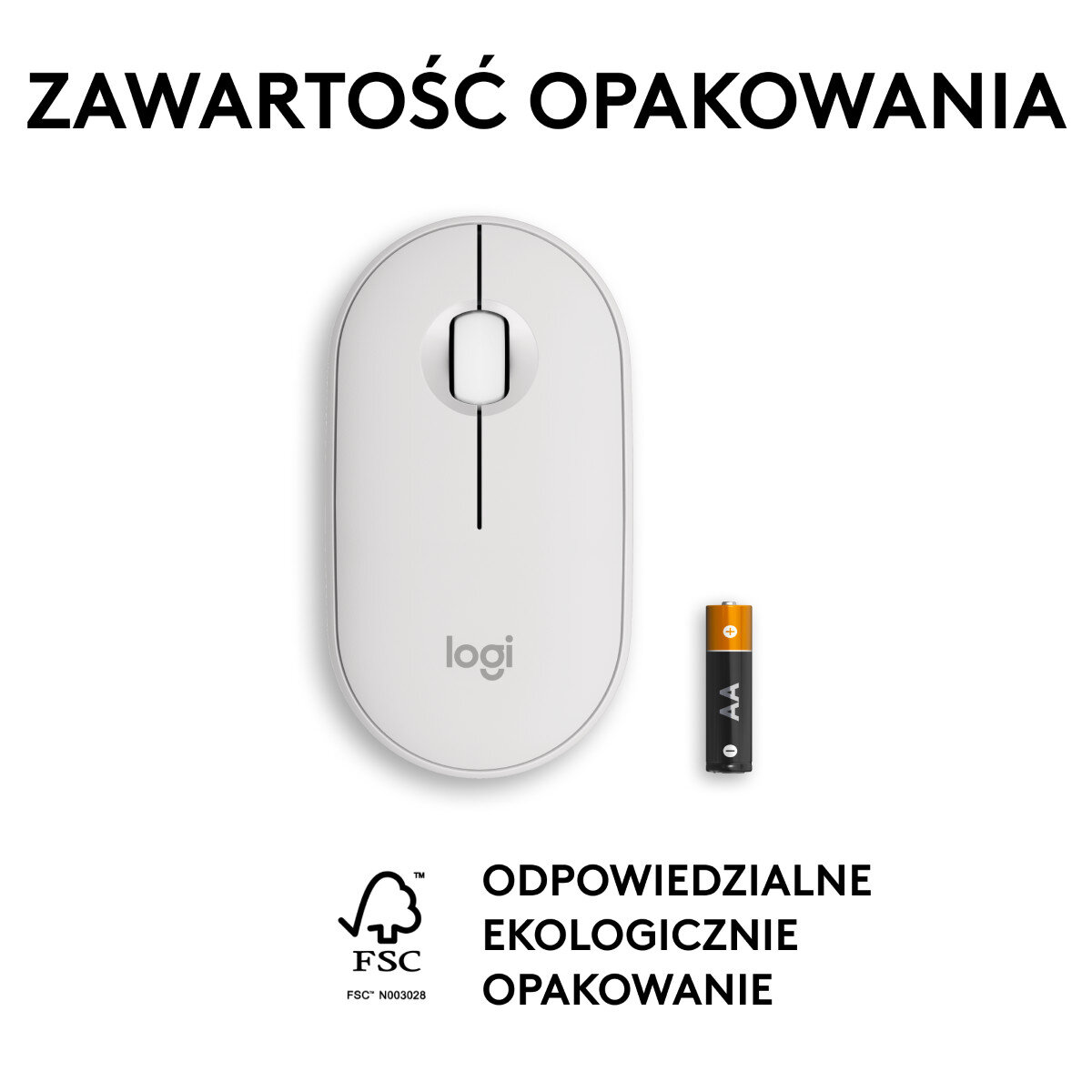 Biała mysz Logitech i bateria AA na białym tle. Tekst po polsku.