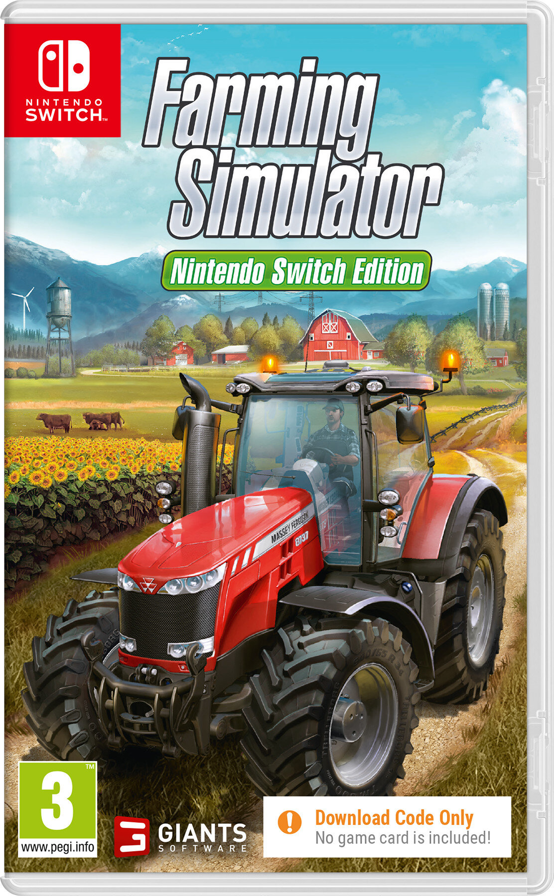 Pudełko z grą Farming Simulator z traktorem na farmie, niebieskim niebem i białym obramowaniem.