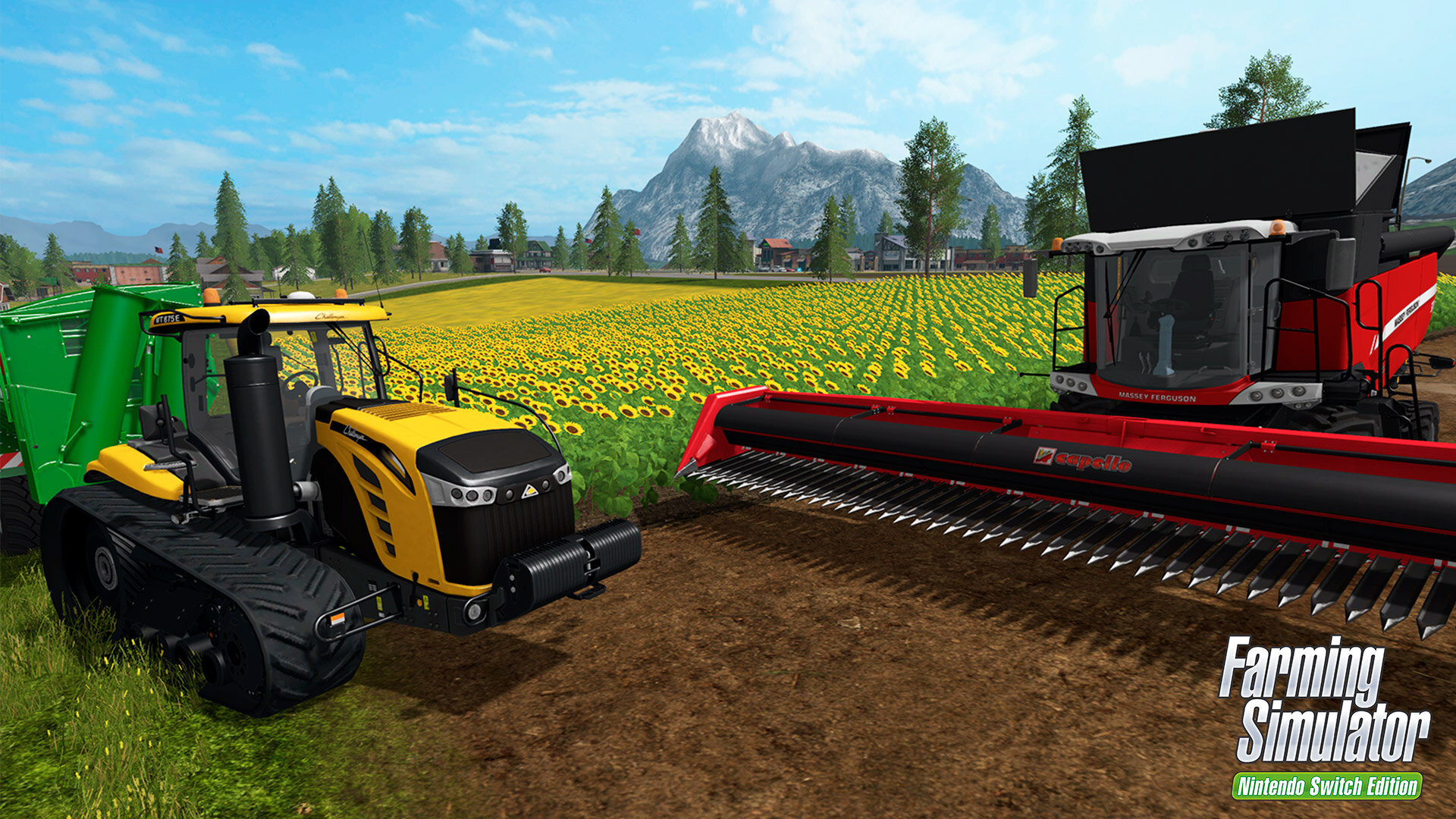 Scena z gry Farming Simulator. Żółty traktor i kombajn na polu słoneczników.