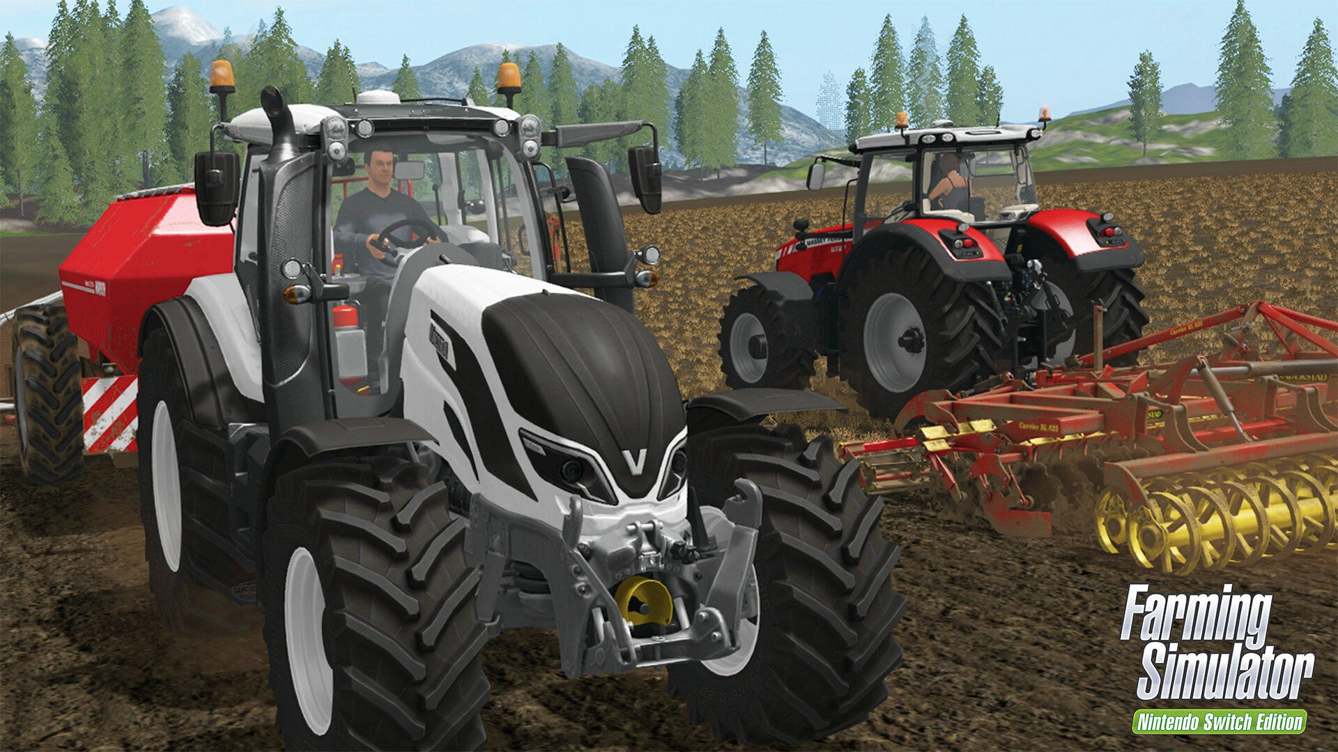 Gra symulator rolnictwa z dwoma traktorami orzącymi pole. Gra ma logo Farming Simulator.