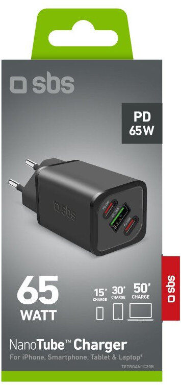 Czarna ładowarka z trzema portami USB, w opakowaniu.