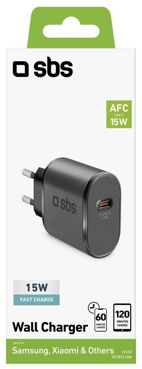 Czarna ładowarka ścienna z portem USB-C, w kartonowym pudełku. Tekst wskazuje szybkie ładowanie 15W.