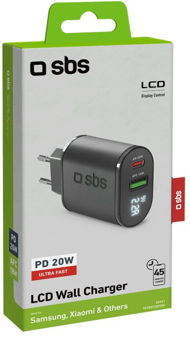 Czarna ładowarka ścienna SBS z wyświetlaczem LCD. Posiada podwójne porty, PD 20W i AFC 18W, na białym pudełku.