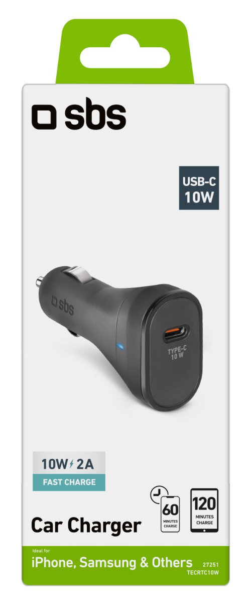 Czarna ładowarka samochodowa w pudełku. Ma moc 10W, 2A szybkie ładowanie. Pudełko ma logo marki.