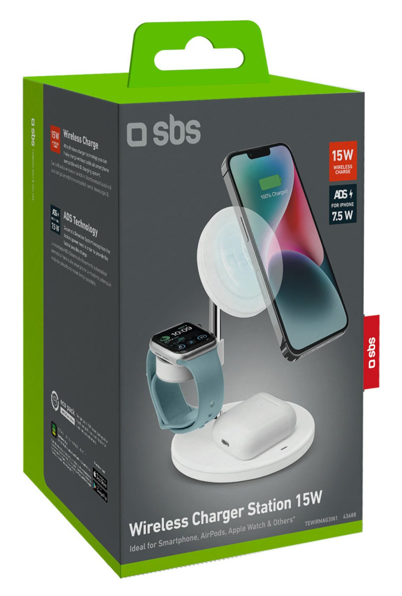 Pudełko z ładowarką bezprzewodową z telefonem, zegarkiem i słuchawkami.