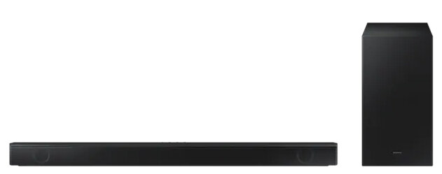 Czarny zestaw soundbar i subwoofer, oba prostokątne.