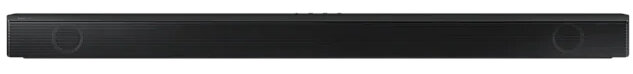 Czarny soundbar z głośnikami po obu stronach, na białym tle.
