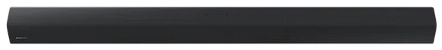 Czarny soundbar z zaokrąglonymi krawędziami. Jest długi i cienki, z subtelną marką.
