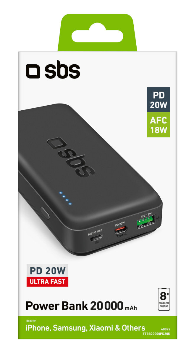 Czarny power bank z białym opakowaniem, tekstem i niebieskimi diodami LED.