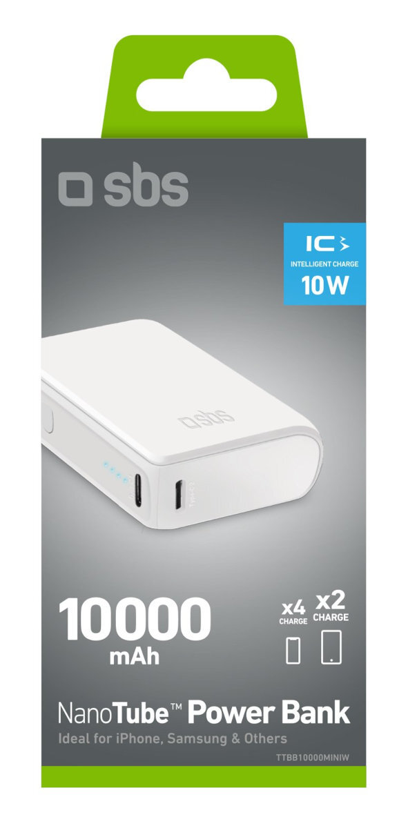 Opakowanie białego power banku NanoTube 10000 mAh, idealnego dla iPhone'a, Samsunga i innych.