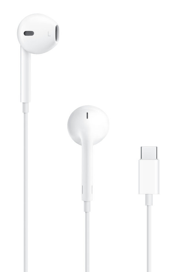 Białe słuchawki z kablem ładującym. Kabel łączy się ze złączem USB-C.