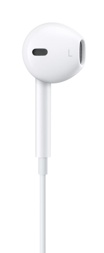 Pojedyncza biała słuchawka z mikrofonem i literą 'L'. Na białym tle.