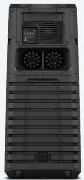 Czarny widok z tyłu głośnika, z wentylatorem, wejściami i dwoma kratkami wentylatora.