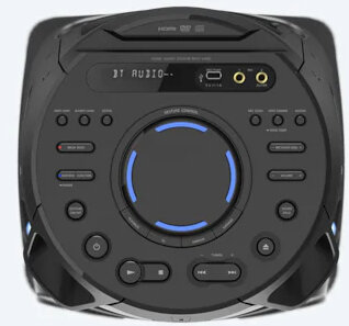 Czarne urządzenie audio z przyciskami sterowania i portami.