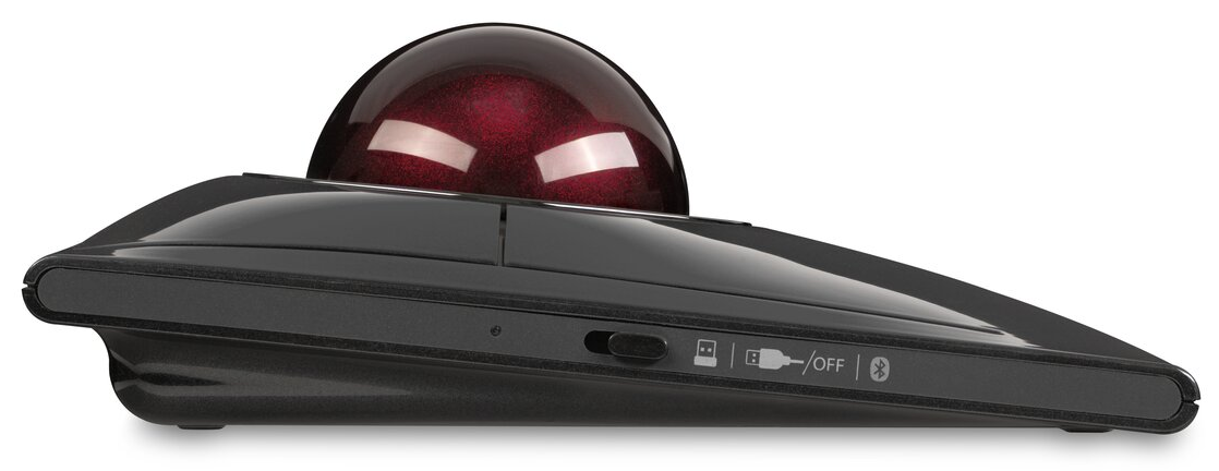 Fekete trackball egér piros golyóval, USB és Bluetooth ikonokkal.
