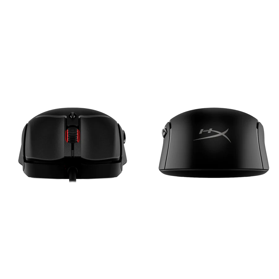 Fekete gamer egér piros görgetőkerékkel és HyperX logóval, fehér alapon.