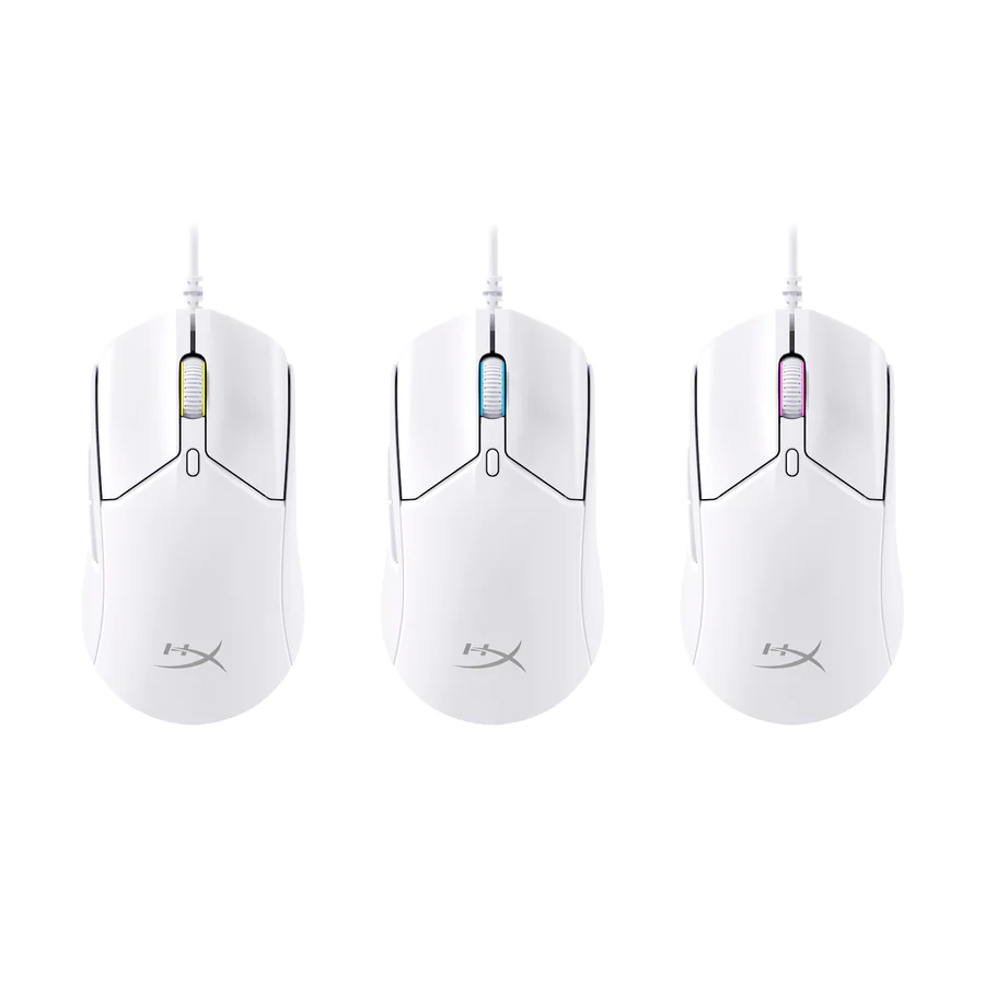 Három fehér játék egér színes görgőkkel és a HyperX logóval.