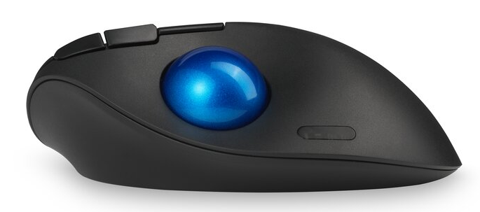 Fekete trackball egér kék golyóval, gombokkal felül, elegáns design.