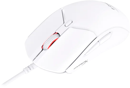 Fehér HyperX gaming egér piros görgővel és kábellel, fehér alapon.